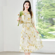 水墨佳人2024夏季媽媽女裝大碼100%桑蠶絲連衣裙女顯瘦印花真絲中長裙子 橘黃色 M-85-113