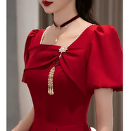 麥斯貝思敬酒服新娘平時(shí)可穿夏季回門(mén)便裝結(jié)婚訂婚衣服女酒紅色連衣裙子 酒紅色 XL