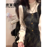 唐菓蜜新款連衣裙女2023秋冬女裝韓系甜美學(xué)院風(fēng)背帶裙復(fù)古減齡套裝裙子 馬甲+裙子 M