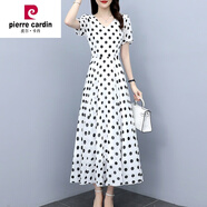 皮爾卡丹（pierre cardin）大I碼女裝夏天減齡雪紡圓點連衣裙夏季黑色長裙波點裙子洋氣 白色 4XL 建議140-150斤可穿
