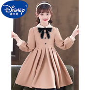 迪士尼（DISNEY）兒童裝女童連衣裙秋冬款中大童洋氣蝴蝶結(jié)公主裙時(shí)髦春秋森系裙子 卡其色 120 適合身高110-120cm年齡6-7歲