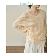 茵曼（INMAN）【商場同款】流蘇針織毛衣秋季女裝新款V領(lǐng)顯瘦長袖上衣 杏色 XL