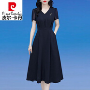 皮爾卡丹（pierre cardin）冰絲雪紡面料連衣裙2024新款女夏品牌氣質(zhì)高端莊大氣裙子 藏藍色【帶胸針】 L 【建議106-115斤左右】