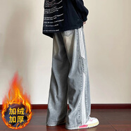 卡圖弛美式高街三條杠牛仔褲男春秋季寬松直筒闊腿褲子潮牌復古長(cháng)褲男裝 藍色【加絨】 XL