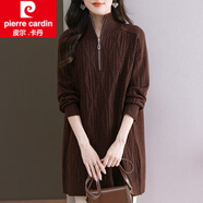 皮爾卡丹（pierre cardin）羊毛衫立領(lǐng)針織打底衫女秋冬新款寬松加肥中長(cháng)款拉鏈加厚毛衣女裝 咖啡色 M 建議100-110斤