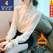 啄木鳥(niǎo)蕾絲娃娃領(lǐng)襯衫女長(cháng)袖秋冬裝韓版氣質(zhì)內搭加絨加厚洋氣打底上衣潮 240-加絨加厚 S 80-100斤