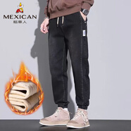 稻草人品牌男士牛仔褲秋冬季新款寬松直筒束腳褲子男加絨褲運動(dòng)休閑褲男 黑色【款】 加絨 3XL 【建議160-170斤】