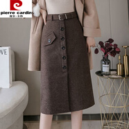皮爾卡丹（pierre cardin）毛呢半身裙女秋冬新款包裙高腰顯瘦中長(cháng)款開(kāi)叉包臀裙加厚一步裙 咖色紐扣 2XL 建議130-145斤