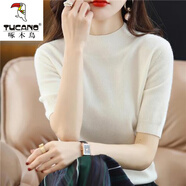 啄木鳥羊毛衫女半高領(lǐng)五分袖針織衫女毛衫打底衫套頭內(nèi)搭半袖T恤百搭 白色【半高領(lǐng)】 M 【101-120斤】