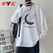 雅鹿純棉長袖T恤男港風(fēng)潮牌寬松圓領(lǐng)夏季薄款體恤棉T潮流男女同款 116款白色-純棉 4XL 【建議體重170-190斤】