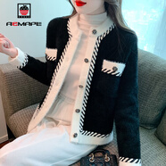 AEMAPE小香風(fēng)撞色開(kāi)衫外套女2025春秋冬季新款短外套女高級感名媛上衣 MX-13-8108_黑色 M [建議96-105斤]