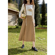 謎秀不規則收腰印花針織t恤女法式垂感中長(cháng)款半身裙套裝 卡其色半裙 S
