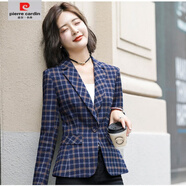 皮爾卡丹（pierre cardin）格子大碼小西裝秋冬新款女裝小外套氣質(zhì)時(shí)尚百搭長(cháng)袖加厚職業(yè)裝女 藍色格子西裝 2XL 建議115-125斤