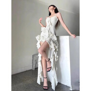 UKUHPK西米亞風(fēng)美式吊帶拖尾裙女前短后長荷葉氣質(zhì)收腰不規(guī)則連衣裙 圖片色【高質(zhì)量 有內(nèi)里】 S 建議80-90斤
