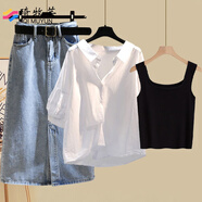 琦牧蕓大碼女裝夏季新款套裝胖mm寬松顯瘦遮肚背心襯衫牛仔半身裙三件套 白色襯衫-單上衣 2XL【建議140-160斤】