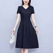 薇洛萱2025夏季新款時(shí)尚純色連衣裙女裝氣質(zhì)減齡顯瘦中長(cháng)款夏天裙子1020 藏藍色 2XL 建議125-134斤