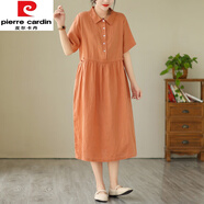 皮爾卡丹（pierre cardin）純色簡約棉麻襯衫裙女夏季收腰抽繩氣質(zhì)顯瘦中長款亞麻短袖連衣裙 橘色 XL【130-145斤】