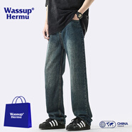 WASSUP HERMU官方牛仔褲男春夏季復(fù)古美式潮牌黃泥染直筒褲水洗做舊休閑長(zhǎng)褲子 復(fù)古藍(lán)（冰絲款） XL（推薦130-155斤）