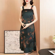 意枕上龜裂紋香云紗真絲印花背心連衣裙女夏新款吊帶內(nèi)搭中長款裙子 墨綠色 L