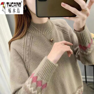 啄木鳥(niǎo)（TUCANO）羊毛衫女2025年秋冬新款加絨加厚毛衣女寬松提花半高領(lǐng)針織打底衫 卡其色 S 建議8095斤