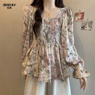世希設計感法式復古碎花雪紡襯衫女春裝大碼胖mm顯瘦收腰遮肚藏肉上衣 粉色碎花 L [建議100-120斤]