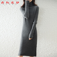 ANED修身坑條中長款高領(lǐng)100%純羊毛女堆堆毛衣秋冬絨針織連衣裙 深灰色 L 170