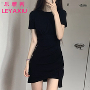 樂(lè )雅秀2025新款甜辣心機經(jīng)典收腰赫本風(fēng)時(shí)尚小黑裙女褶皺拼接包臀連衣裙 黑色連衣裙 M