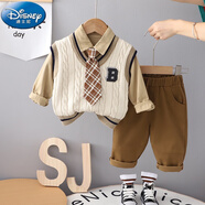 迪士尼（Disney）男童秋裝套裝2024新款寶寶春秋季小童網(wǎng)紅衣服嬰兒童三件套時(shí)髦潮 品牌童裝-米色 B字領(lǐng)帶毛衣套裝 品牌童裝-80cm