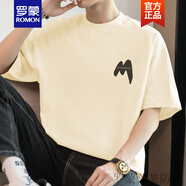 羅蒙（ROMON）260g美式重磅t恤男短袖純棉圓領(lǐng)上衣服夏季潮流寬松全棉半袖體恤 M09-694米黃色 S 【80-100斤】