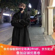 HOUQIYE毛呢大衣男秋冬新款男女韓版寬松加厚中長(zhǎng)款過(guò)膝情侶呢子風(fēng)衣外套 F627黑色（長(zhǎng)款） L （120-140斤）