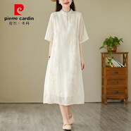 皮爾卡丹新中式立領(lǐng)盤(pán)扣改良旗袍裙女夏季胖mm寬松大碼高端苧麻刺繡連衣裙 白色 M(建議90-110斤)
