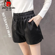 皮爾卡丹PU皮褲短褲女闊腿褲秋冬靴褲修身顯瘦真兔毛邊拼接加絨打底皮短褲 簡(jiǎn)約版不加絨款 S 80-90斤