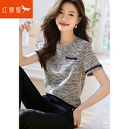 紅蜻蜓（RED DRAGONFLY）小香風(fēng)氣質(zhì)時(shí)髦短袖T恤女夏新款設(shè)計(jì)感織帶拼接百搭打底上衣 黑白花色 S 【建議100斤內(nèi)】