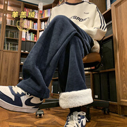 QGF加絨格子休閑褲女冬季新款韓版加厚直筒褲子寬松百搭顯瘦闊腿褲潮 DSA410-K9577JR藍色 M 建議【100-130斤】