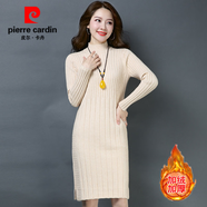 皮爾卡丹秋冬半高領(lǐng)中長款套頭毛衣女韓版修身毛衣裙春秋厚款羊毛針織打底 米白(加絨加厚) 2XL(125-140斤)