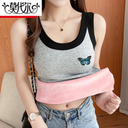 莫代爾背心女加絨內搭上衣冬季2026新款韓版吊帶大碼打底一體絨保暖內衣 蝴蝶拼淺灰 L 建議95-105斤