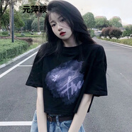 元萍穎短袖T恤女夏季打底上衣短款T恤女美式辣妹高腰短袖夏季露臍新款in 黑色(翅膀) M 86-105斤