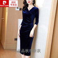 皮爾卡丹（pierre cardin）金絲絨長裙秋季新款女裝V領長袖超好看氣質包臀絲絨連衣裙高級感 貴族藍 2XL