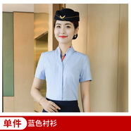 簡(jiǎn)蜓白襯衫女氣質(zhì)V領(lǐng)襯衣工裝套裝工作服面試職業(yè)裝正裝空姐空乘制服 短袖條紋藍色襯衫 L