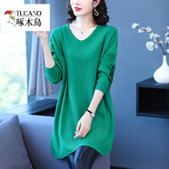 啄木鳥(niǎo)（TUCANO）加肥加大碼春秋V領(lǐng)中長(cháng)款毛衣女胖mm200斤寬松上衣低領(lǐng)針織打底衫 草綠色 6XL