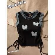 簡(jiǎn)方位紫伶語(yǔ) 辣妹牛仔拼接蝴蝶針織背心女夏季新款設計感抽繩修身無(wú)袖 片色 均碼