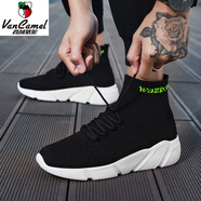 西域駱駝（VANCAMEL）男鞋春秋季彈力襪子鞋男士高幫鞋一腳蹬女百搭潮流襪鞋情侶休閑鞋 7025黑白 單鞋 43