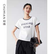 初棉CE*風(fēng)美式復(fù)古短袖T恤女 春秋合體甜酷T時髦體恤撞色字母繡 復(fù)古白 S