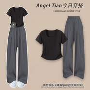 雪妃藍琪休閑褲子女2025新款夏季女裝小個子時尚氣質穿搭顯高顯瘦闊腿褲 黑色上衣+灰色褲子 XL 【建議120-140斤】