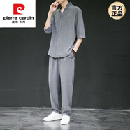 皮爾卡丹（pierre cardin）夏季冰絲亞麻套裝男中袖棉麻兩件套大碼寬松中袖T恤運動裝 灰色 【上衣+褲子】 XL (110斤-125斤)