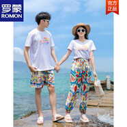 羅蒙（ROMON）三亞旅游穿搭沙灘情侶裝夏裝短袖t恤闊腿褲超仙蜜月度假海邊套裝 花色幾何套裝 女L