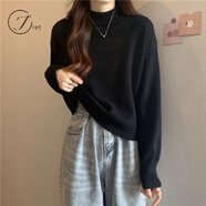 Jret秋冬半高領(lǐng)寬松毛衣女2025新款韓版短款針織衫高級內搭打底衫上衣 黑色 M 建議95-110斤
