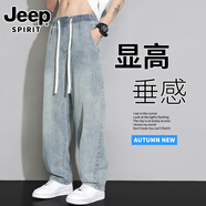 JEEP SPIRIT牛仔褲男士2025秋冬新款時(shí)尚百搭寬松褲子男直筒闊腿加絨加厚長(cháng)褲 H36復古藍 L