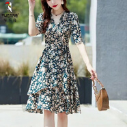 啄木鳥(niǎo)品牌女裝碎花雪紡連衣裙女2025夏裝新款小香風(fēng)大碼時(shí)尚顯瘦裙子 綠色 2XL 建議125-140斤