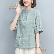梵喬希品牌定制格子襯衫女五分袖夏季新款韓版時(shí)尚休閑寬松顯瘦襯衣潮 綠色 XL